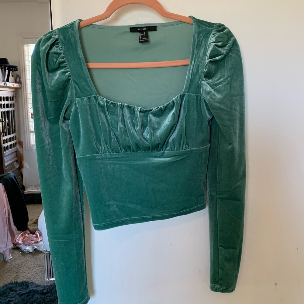 Velvet teal puff sleeve blouse